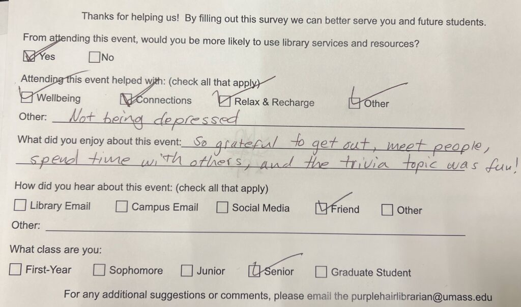 student feedback survey following a trivia outreach event