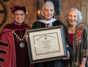 Chancellor Kumble Subbaswamy with honorary degree recipient Daniel Ellsberg and his wife, Patricia Marx Ellsberg.