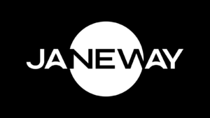 Logo for Janeway: black background with white circle and text "Janeway."