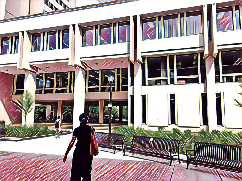 Artistic image of Lederle Graduate Research Center building housing the Science & Engineering Library with students walking in