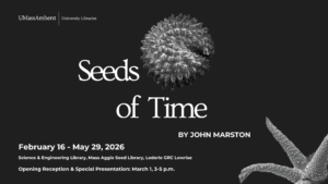 Dark gray background with 2 black and white macrophotography images of seeds. Text: "Seeds of Time, by John Marston. February 16 - May 29, 2026. Science & Engineering Library, Mass Aggie Seed Library, Lederle GRC Lowrise. Opening Reception & Special Presentation: March 1, 3-5 p.m." UMass Amherst Libraries logo.