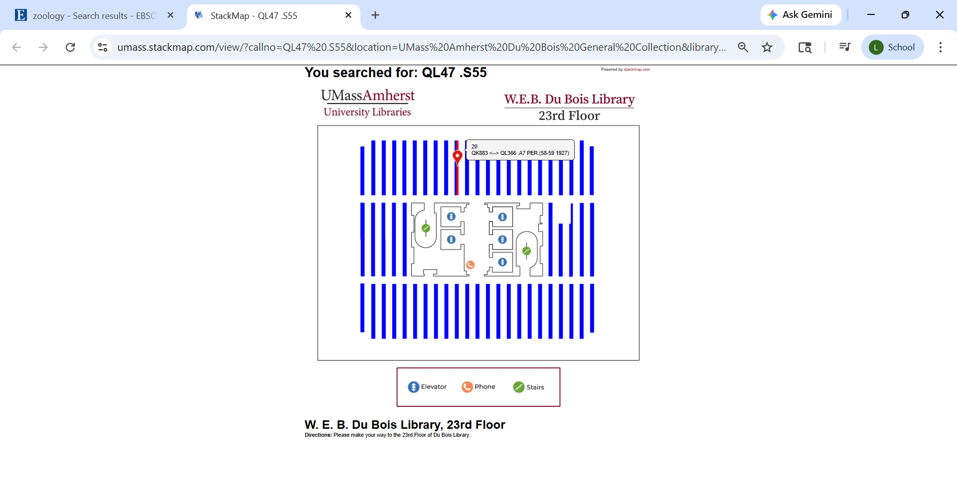 Stacks map location of the Zoology textbook.