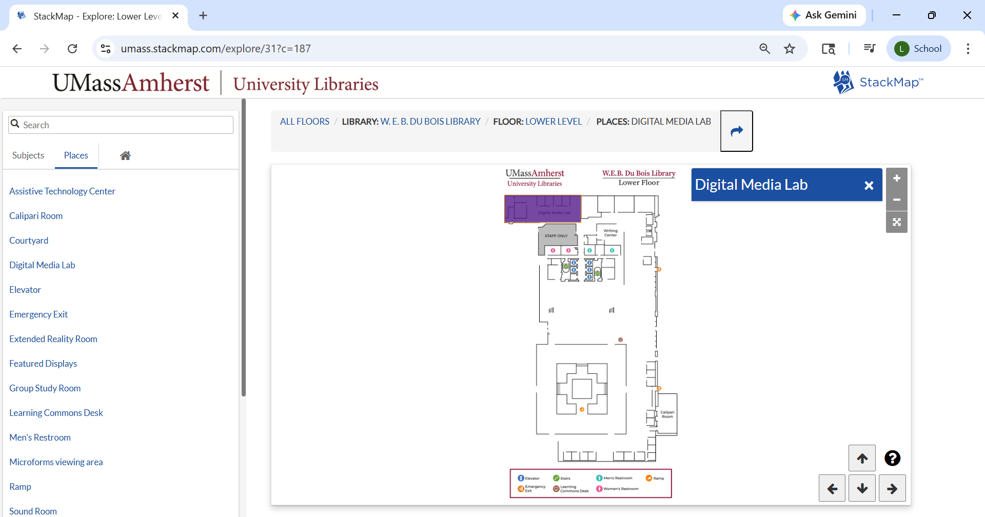 Map location of the Lower Level of the Du Bois Library with the Digital Media Lab highlighted.