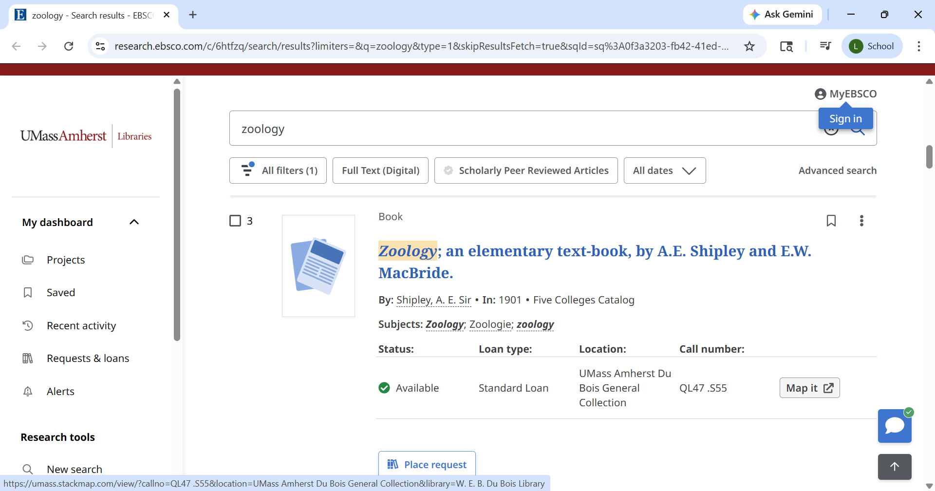 Screenshot of the Map It button on a Library website search listing for Zoology: An Elementary Text-book by A. E. Shipley and E. W. MacBride.